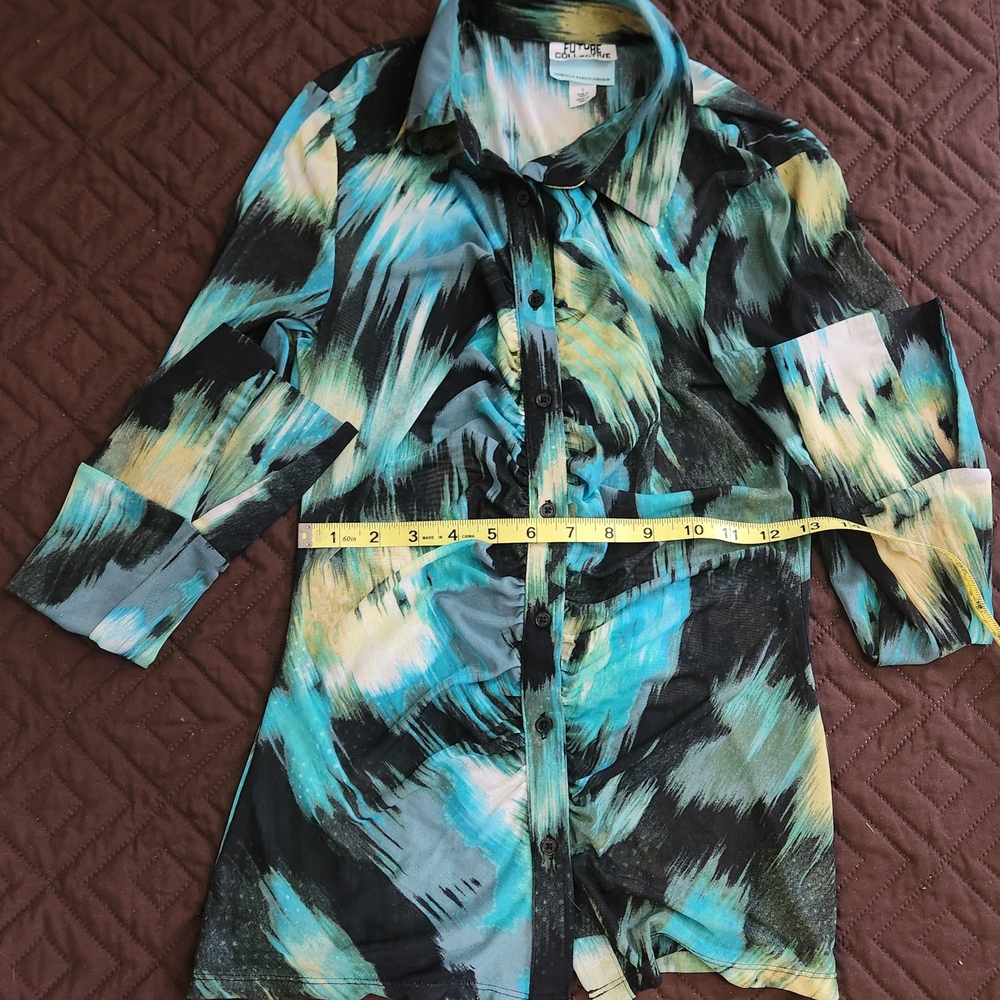 Future Collective‎ Gabriella Karefa Johnson Abstract Print Mesh Ruched Button Up - Picture 8 of 11